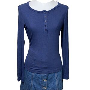 Pretty Garden Women’s Henley Top Long Sleeve Blue Ribbed Size Small NWT